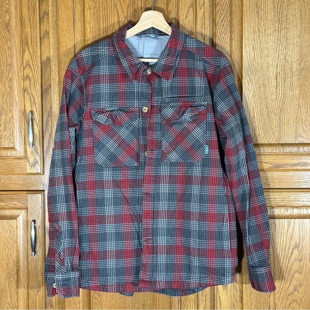 Stio Gray/Red Plaid Blanket Flannel Shacket Mens Shirt 100% Organic Cotton Large
